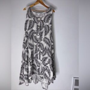 Dalin  Large Linen Blend Sleeveless Black White‎ Palm Leaf Midi Dress